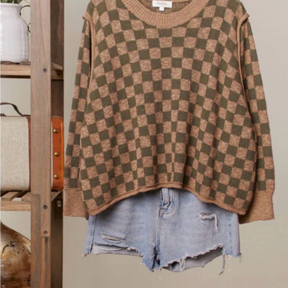 Mello. Boxy Knit GrandpaCoreCheckered Olive and Tan Baggy Oversized Sweater Sz L